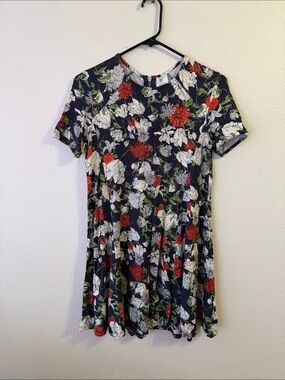 Zara Navy Floral Short-Sleeve Swing Dress with Red & White Blooms